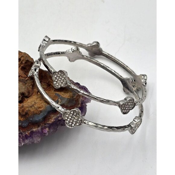 Unbranded Jewelry - Silver Tone Crystal Rhinestone Clover Bangle Bracelets Set Of 2 Costume Jewelry